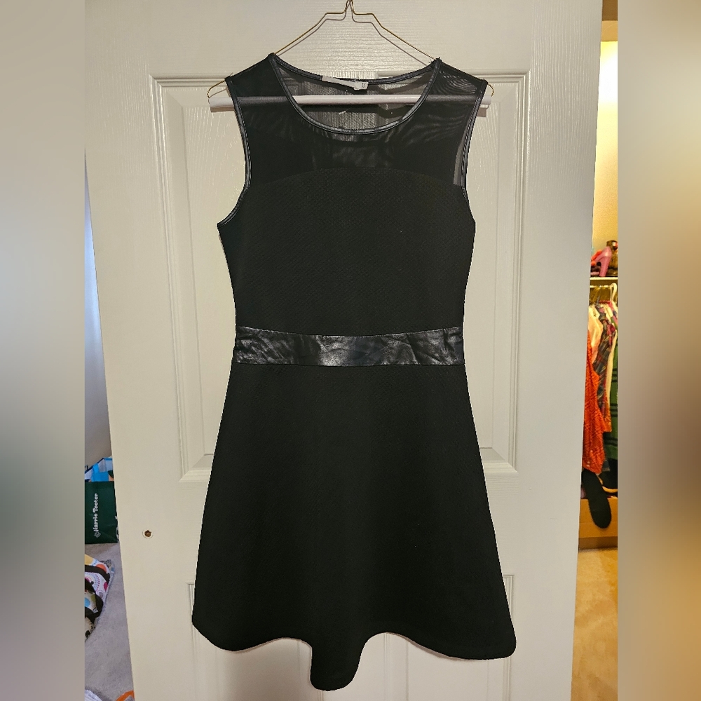 Lucy Paris Black Dress with Sheer Cut outs and Faux Leather Waist sz M